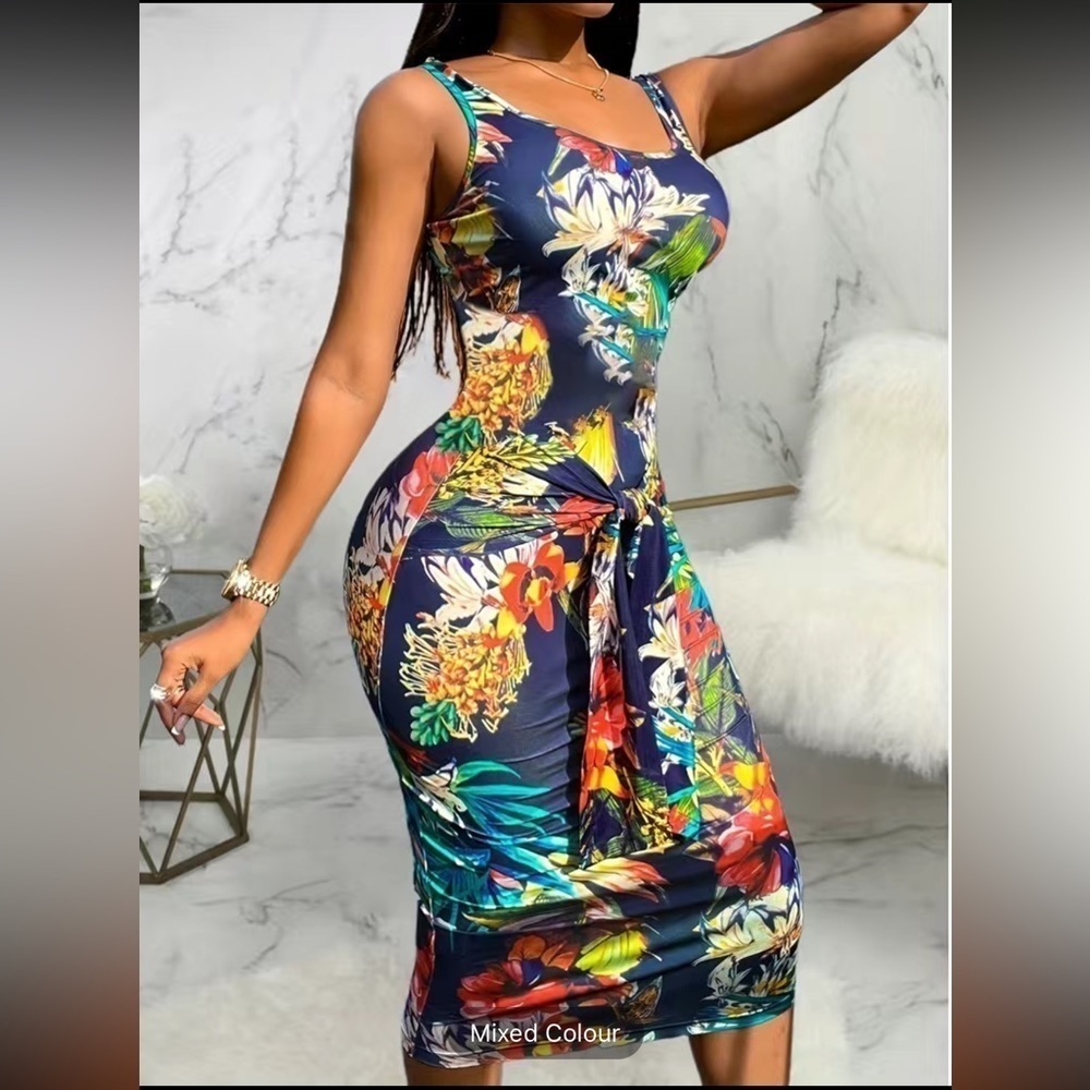 Floral sleeveless Tie-Front Bodycon Dress New - Picture 3 of 3